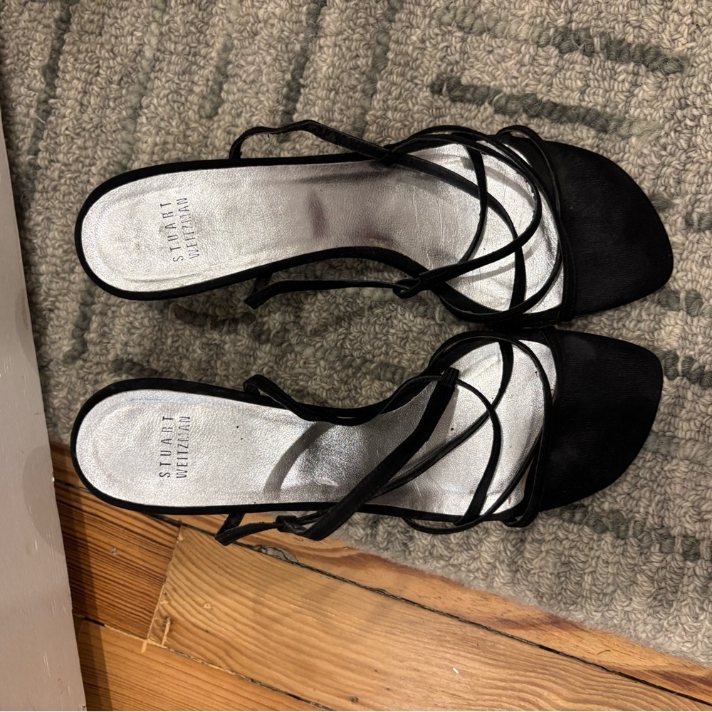 STUART WEITZMAN Women’s Strappy Kitten Heels Black Suede Size 8 luxury low shoes - Picture 8 of 13